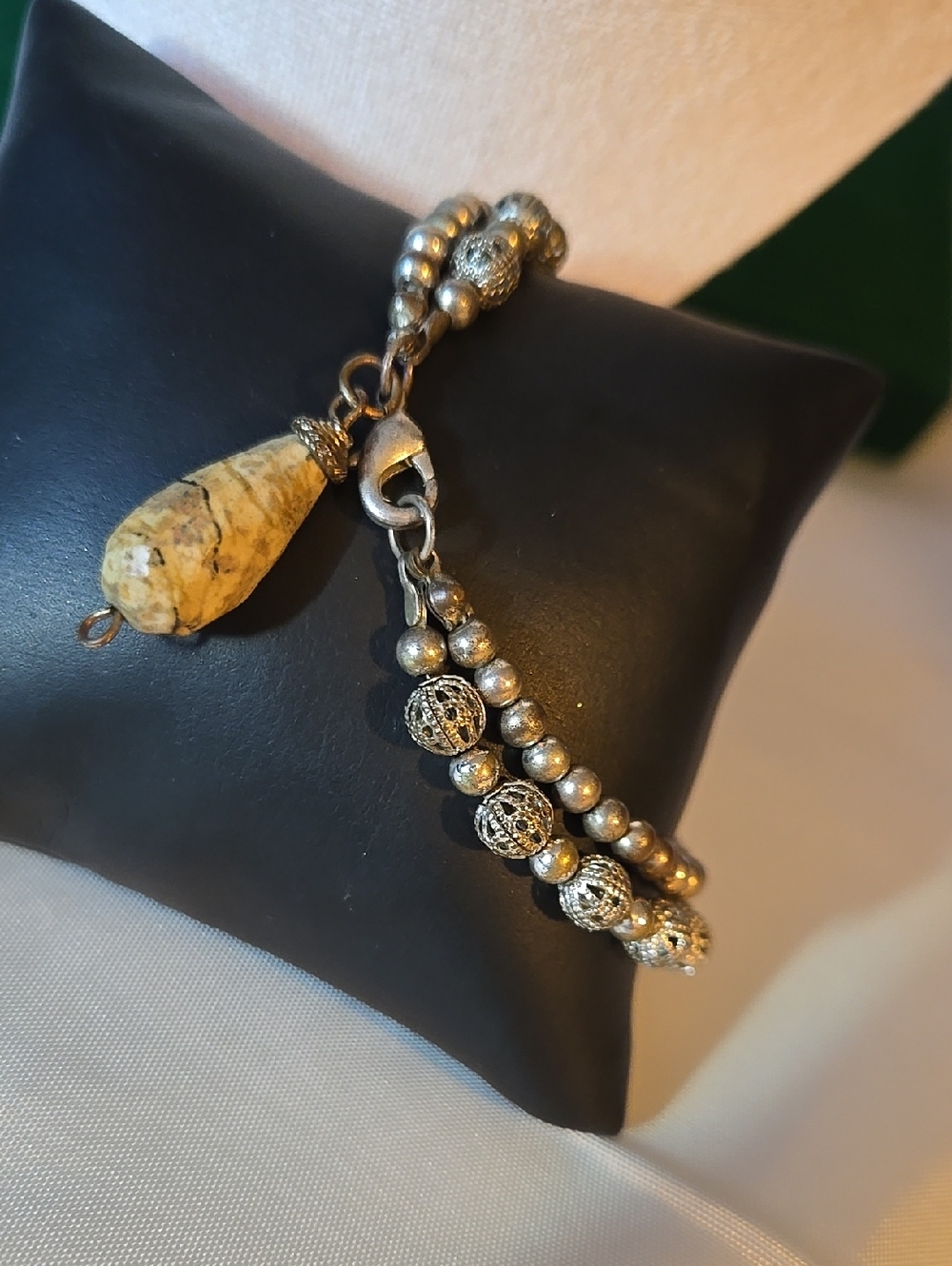Vintage Silver Tone Beaded Bracelet with Jasper Teardrop Charm